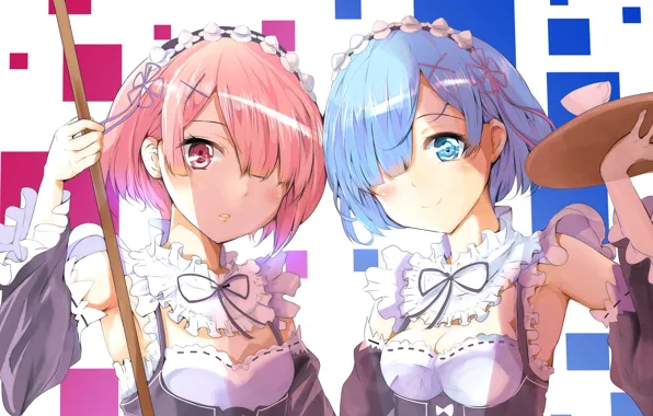 Girls, anime, art, REM, RAM, Re Zero Kara Hajime Chip Isek Or Seikatsu
