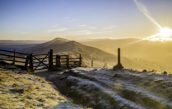 Light, landscape, mountains, the fence, morning