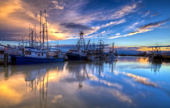 Landscape, sunset, ships, port