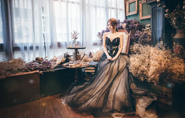 Girl, flowers, pose, style, room, interior, chair, dress