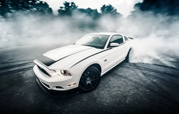 Picture road, car, forest, white, asphalt, speed, mustang, sports car