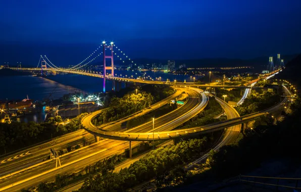 The sky, night, bridge, lights, Hong Kong, Hong Kong