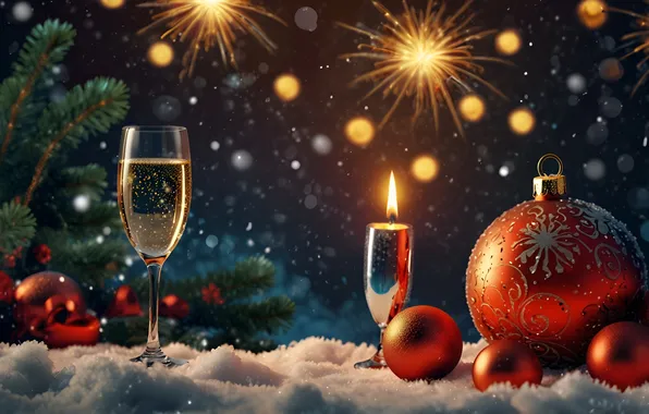 Balls, snow, night, lights, wine, glass, candle, ball