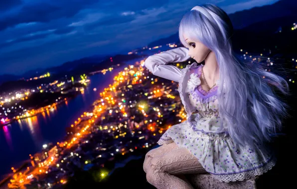 Picture girl, night, the city, lights, doll