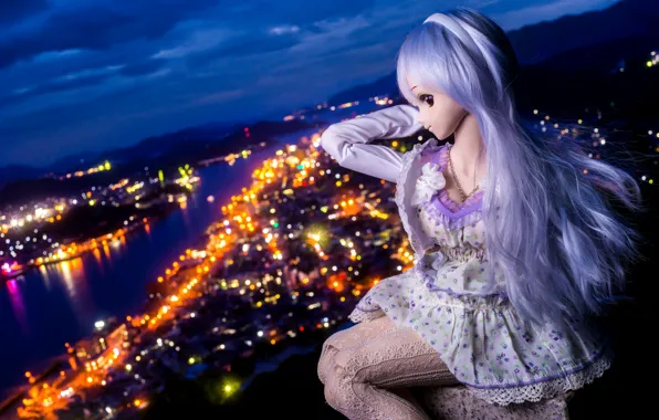 Girl, night, the city, lights, doll