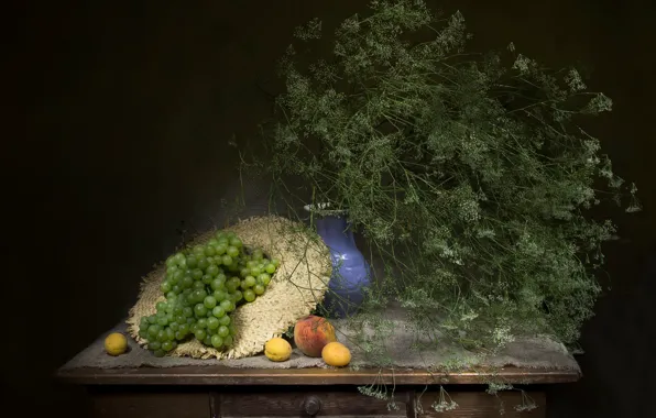 Greens, table, bouquet, hat, grapes, pitcher, still life, peach