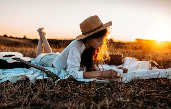 Picture summer, girl, sunset, nature, hat, book, Nicholas David Furnari