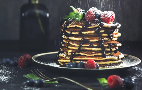 Raspberry, chocolate, mint, blueberries, pancake