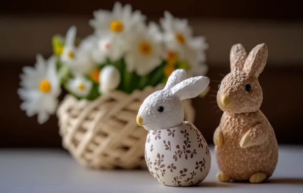 Flowers, holiday, toys, egg, chamomile, bouquet, spring, rabbit