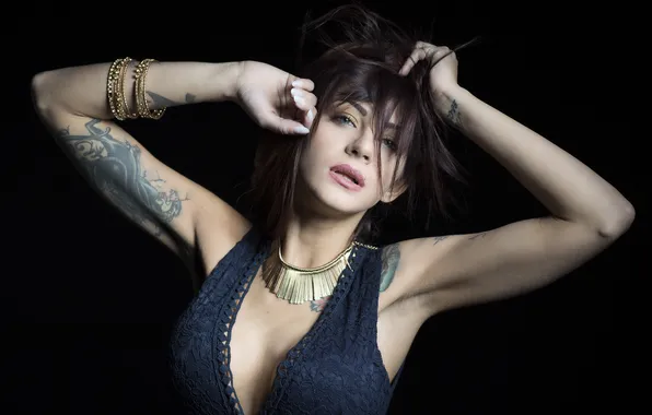 Look, girl, decoration, pose, portrait, hands, brunette, tattoo