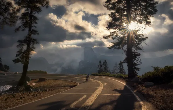 Road, the sky, the sun, clouds, rays, light, trees, mountains