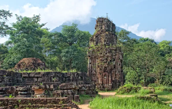 Picture the sky, clouds, trees, mountains, ruins, Vietnam, architecture