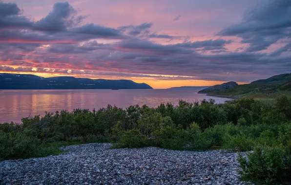The sky, clouds, sunset, mountains, pebbles, stones, thickets, hills