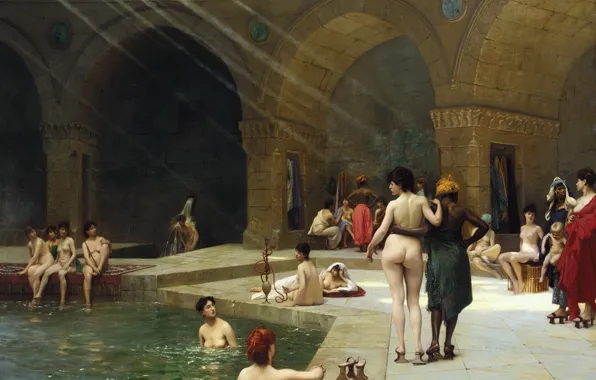Picture erotic, interior, Jean-Leon Gerome, A large Turkish Bath in Bursa