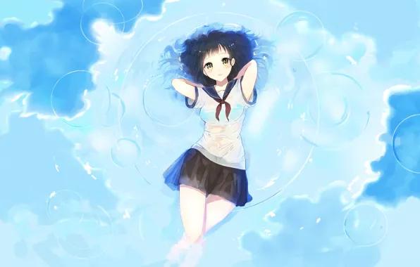 Picture the sky, water, girl, clouds, bubbles, anime, art, form