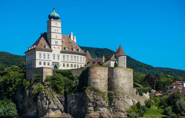 Forest, the sky, the sun, trees, mountains, nature, river, castle