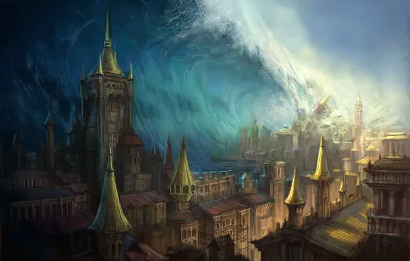 Wave, the city, tsunami, art, destruction, katasrofa