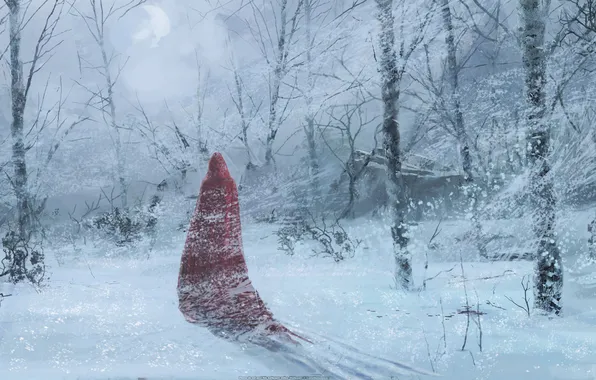Winter, forest, snow, trees, red, figure, art, cloak