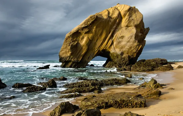 Sand, sea, wave, beach, clouds, stones, rocks