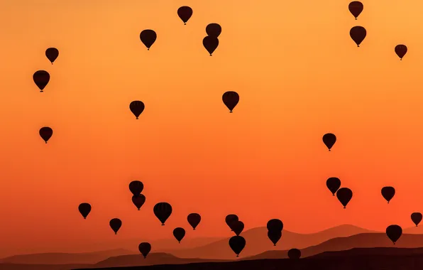 The sky, mountains, balloon, glow, Turkey, Cappadocia