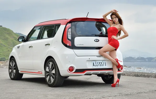 Look, Girls, Asian, beautiful girl, white car, beautiful dress, Kia Soul, posing on the car