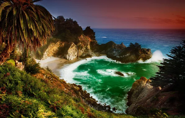 Sea, sunset, mountains, stones, rocks, shore, slope, green water