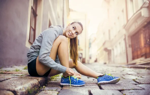 Girl, smile, street, sport, brown hair, bridge, sneakers