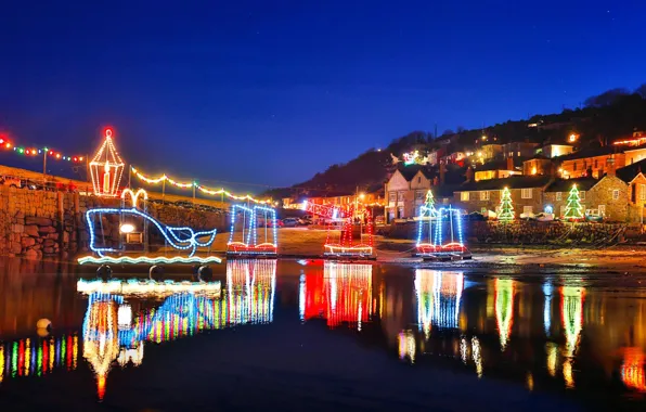 Lights, England, New Year, Christmas, Cornwall, Mousehole