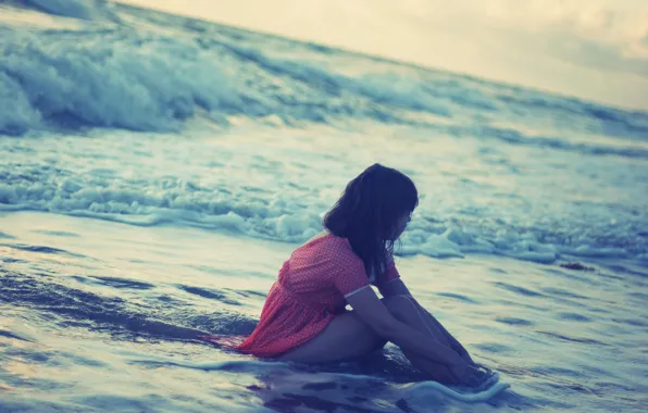 Picture sea, water, girl, river, pink, mood, wave, sitting