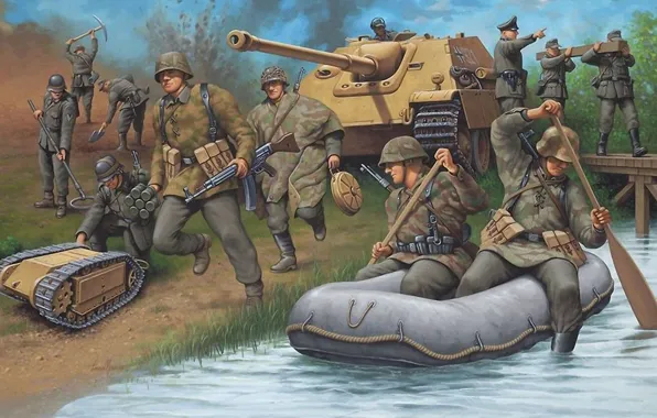 Picture war, figure, crossing, the Germans, Jagdpanther, the army corps of engineers