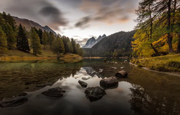 Autumn, forest, clouds, landscape, mountains, lake, reflection, stones