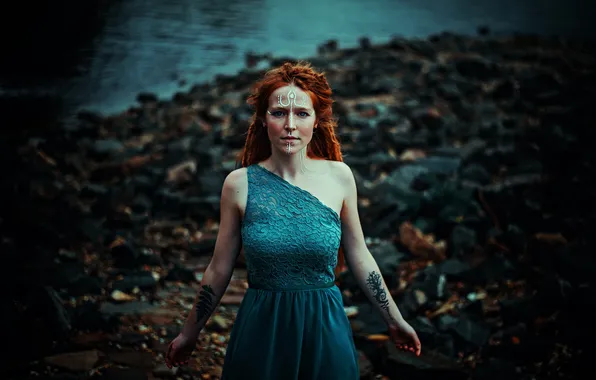 Look, girl, nature, pose, style, the dark background, stones, shore