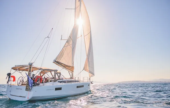Sea, the sun, coast, sailboat, Greece, captain, sails, swimming