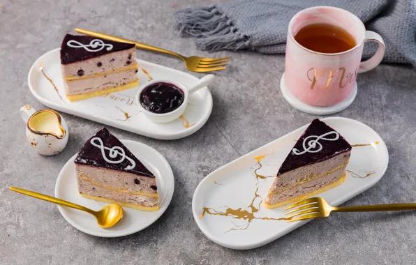 Tea, chocolate, cake, spoon