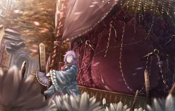 Girl, flowers, fan, chain, Touhou, satori komeiji