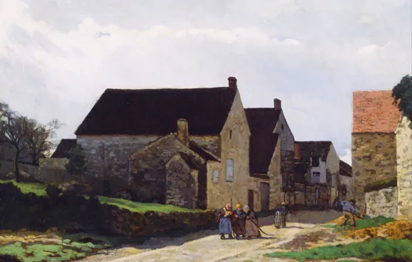 The sky, clouds, the city, people, street, home, picture, Alfred Sisley