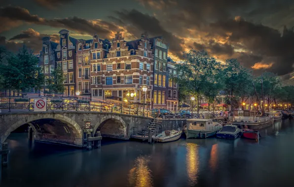 Bridge, building, boats, pier, Amsterdam, channel, Netherlands, Amsterdam