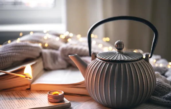 Light, comfort, table, grey, fire, flame, tea, books
