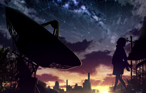 Picture the sky, girl, sunset, the city, electronic telescope