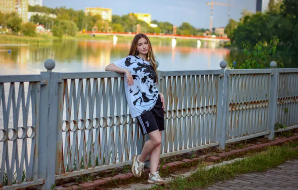 Girl, shorts, young, cute, T-shirt, long-haired, sneakers