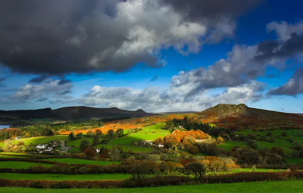 Autumn, forest, clouds, light, mountains, blue, hills, field