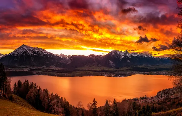 Forest, clouds, light, sunset, mountains, tops, pond, Bank