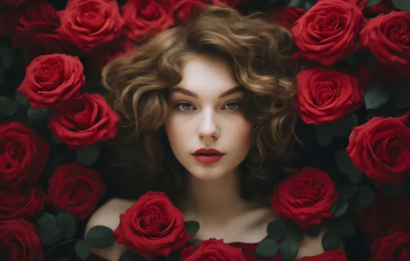 Picture red, flowers, rose Bush, Kare, pale skin, look, AI art, Rus