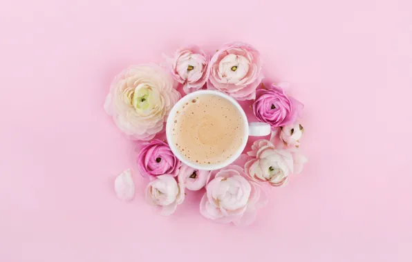 Flowers, pink, coffee, Cup, pink, coffe, cappuccino, runkulus