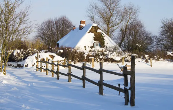 Winter, snow, trees, landscape, nature, house, the fence, fence