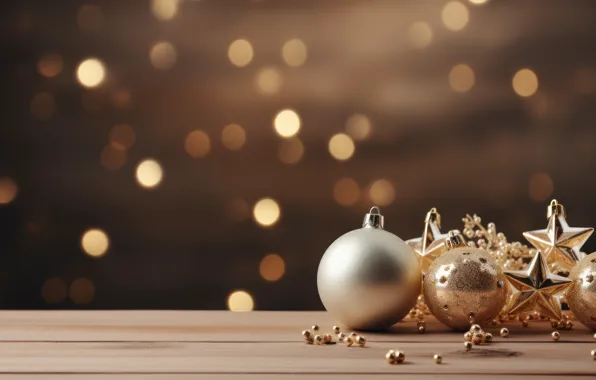 Balls, lights, background, Christmas, New year, gold plated, gold, bokeh