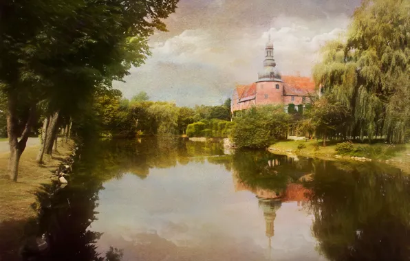 Picture summer, trees, lake, pond, reflection, shore, photoshop, treatment