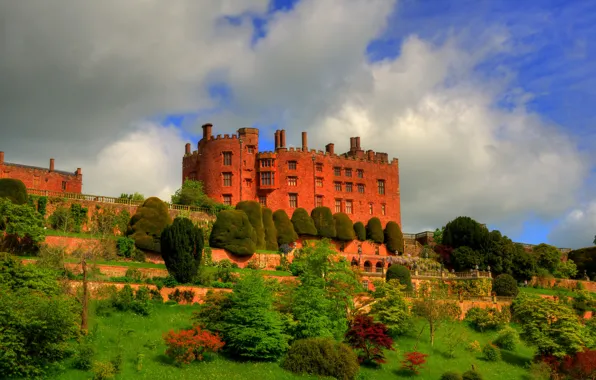 Greens, the sky, grass, trees, clouds, castle, HDR, slope