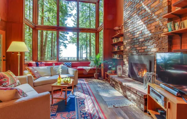 Design, style, Villa, interior, fireplace, hall, living room