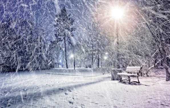 Winter, snow, lights, Park, lantern, Park, winter, snow